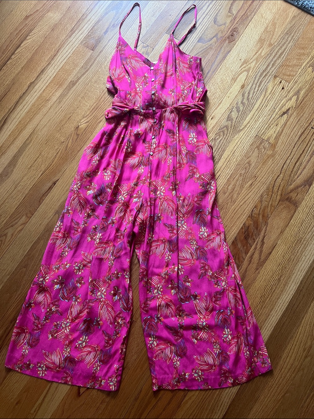 Free People Bright Pink Floral Print Jumpsuit